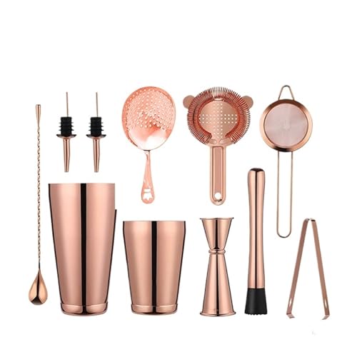 Juego de coctelera: coctelera, Juego colador, Aparejo, mortero y Cuchara, Pinza for Hielo vertedor Botellas(11pcs Copper)
