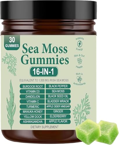 Sea Moss Gummies 16-in-1 - Ashwagandha Black Seed Oil Bladder Wrack Turmeric Vitamin C & D3 with Manuka Burdock Root Dandelion Yellow Dock Elderberry Apple Cider Vinegar