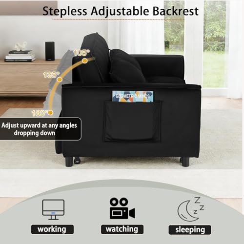 Image of 3 in 1 Folding Convertible Sofa Bed, 55'' Pull Out Couch Bed with Side Pocket, Velvet Fabric Loveseat Sleeper Sofa with Adjustable Backrest, Easy Assembly, Perfect for Living Room, Black