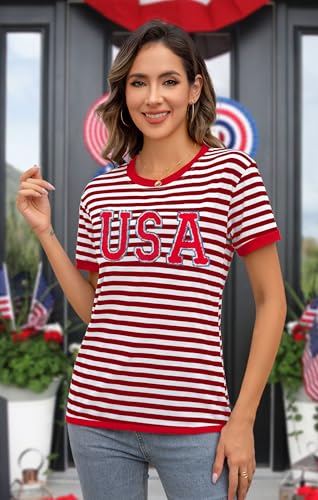Image of Ithalt Women 4th of July Shirt Fourth of July Shirts USA Sequin Tshirt American Patriotic T-Shirt Stripes Tee Tops