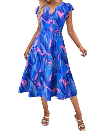 Image of ZEAGOO Womens Summer Casual Dresses Ruffle Sleeve V Neck Midi Dress Flowy Tiered Dress with Pockets Boho Sundresses