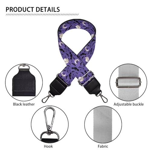 Image of Talayituse Moon Bat Print Shoulder Strap Wide Purse Bag Strap Adjustable Replacement Belt Halloween Decoration Luggage Crossbody Shoulder Bag Strap for Women Girls