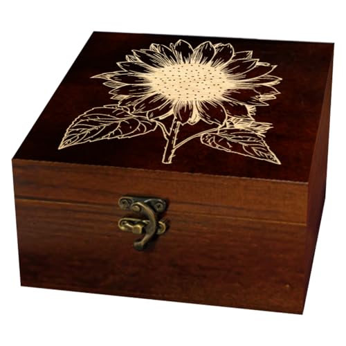 arricraft 1 Pc Wooden Keepsake Storage Box, A Single Sunflower Pattern Square Pine Memory Box for Anniversary Jewelry Board Storage 12x12x6cm (4.72x4.72x2.36 inches)