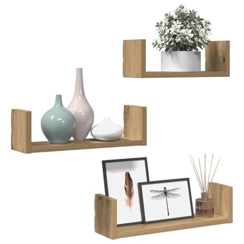 Artisan Oak Floating Wall Shelf Set of 3, Modern Minimalist Storage for Books and Photos, Space-Saving Wall-Mounted Shelves for Living Room Office Decor, Durable Engineered - Image 4