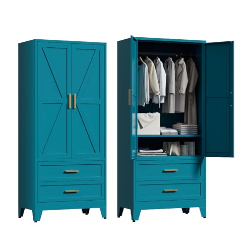 Washsemba 71'' Farmhouse Metal Wardrobe Cabinet with Hanging Rod, 2 Barn Door Wardrobe Closet with...