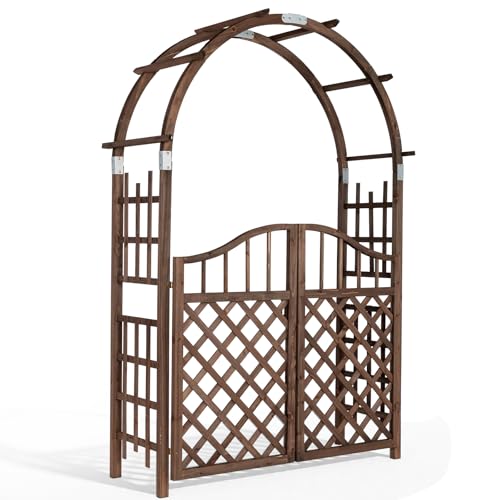 Outvita 7.1FT Garden Arch with Gate Natural Fir Wood Garden Arbor Trellis with Lattice Gate Heavy-Duty Outdoor Arbor for Vines Roses Wedding & Patio Decor