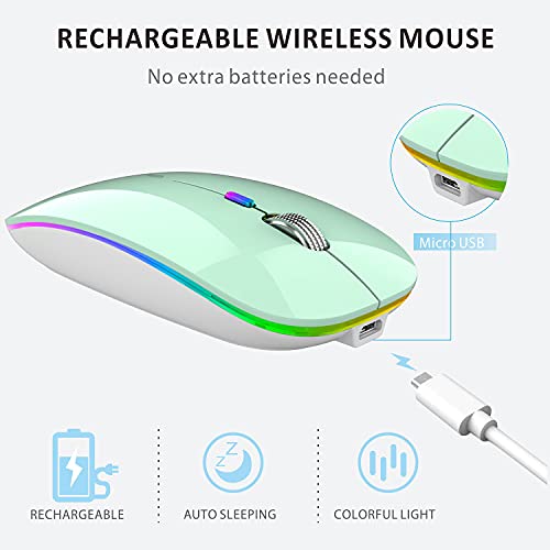 Uiosmuph Led Wireless Mouse, G12 Slim Rechargeable Wireless Silent Mouse, 2.4G Portable Usb Optical Wireless Computer Mice With Usb Receiver And Type C Adapter (Mint Green) #TOP4