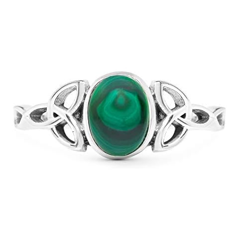 Koral Jewelry Malachite Oval Stone Triquetra Ring 925 Sterling Silver Vintage Tribal Gipsy Boho Look US Size 5 6 7 8 9, Metal, Malachite Cover