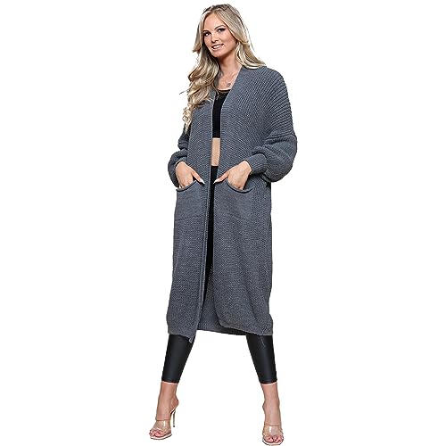 WJL WHISPERING JONES LONDON Ladies Oversized Long Cardigan Balloon Sleeve Chunky Ribbed Open Knitted Maxi Pocket Jumper Sweater