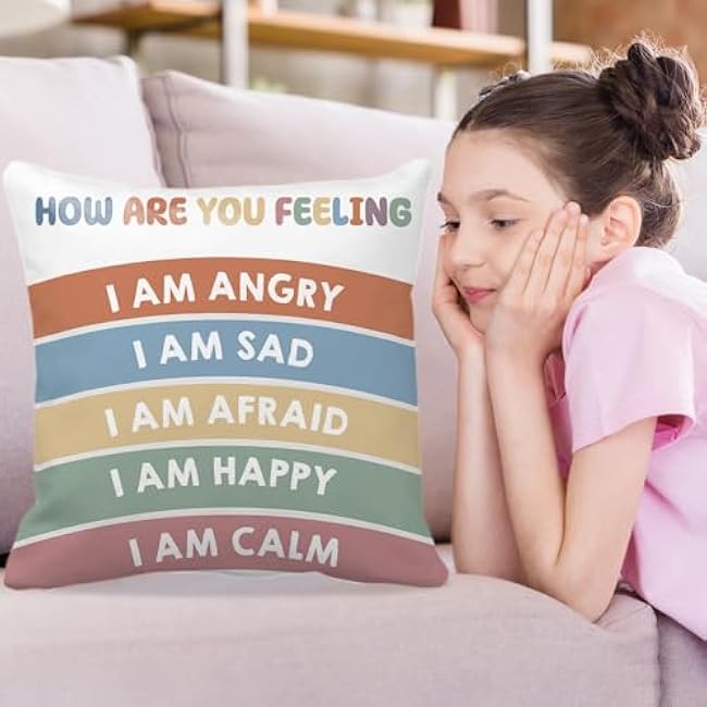 2Pcs Feelings Pillow Covers 18in Classroom Must Haves Calming Corner Item Mental Health Throw Pillowcase Kids Home Preschool Decorations Counselor Office Sensory Reading Room Calm Down Corner Supplies