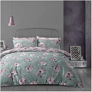 Lions 4 Piece Complete Bedding Set - Sage Green Flower Printed 1x Duvets Cover 2x Pillowcase 1x Bed Sheet, Ultra Soft Reversible Poly Cotton Quilt Covers for Girls Women, Double Bed Bedding