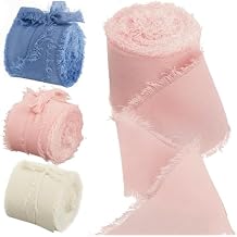 1-1/2 inch Chiffon Ribbon, 21 Yards Fringed Sides Polyester Silk Ribbons for Wedding Flowers, Wreath, Gift Wrapping, Baby Shower, House Decor. Blue/Pink/Cream