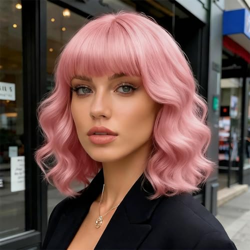 Image of Rose bud Wavy Bob Wig with Bangs Natural Pink Wig Synthetic Hair Shoulder Length Short Curly Wigs for Women