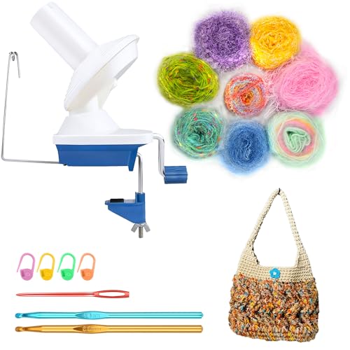 Manual Weaving Ball Winder for Bundles Wool Yarn Cake Making, Come with 10oz Assorted Novelty Yarn Skeins, Handy Spinner for Crochet Knitting Lovers Mix Fantastic Fiber Thread