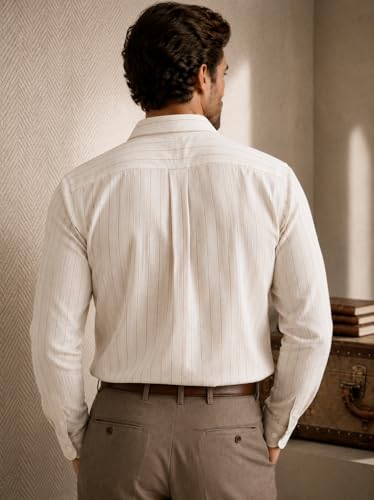 Image of Men's Lilan Vertical Stripe Regular Fit Full Sleeve Shirt with Chest Pocket | Cream Beige Casual Shirt