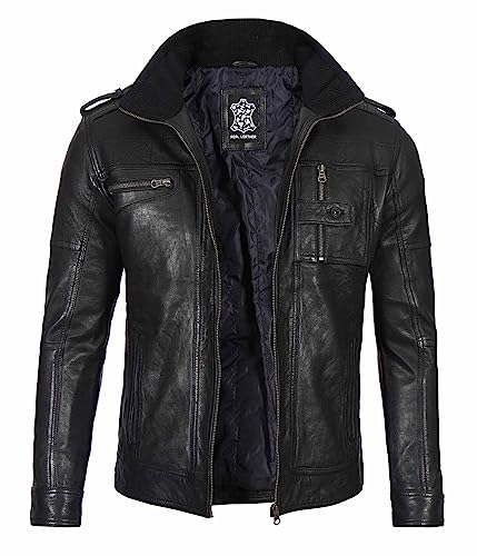 Image of Blingsoul Stylish Black & Brown Cafe Racer Leather Jacket For Men - Real Lambskin Leather Motorcycle Jacket Mens