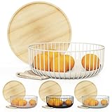 Libken Fruit Basket for Kitchen - Multi-Purpose Stackable Basket with Wooden Lid - Powder Coated Metal and Rubber Wood - Wire Baskets for Organizing - Minimal Design - 4.5x11.4x11.4 - Warm Gray
