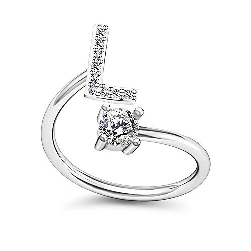 Silver Initial L Letter Ring for Women. Adjustable Crystal Alphabet Ring,Name Initials Stackable Knuckle Rings Girl Teens CZ Open Ring