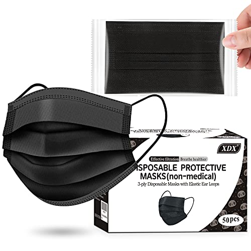 Black Disposable Face Masks, 50 Pack- 3 Layer Individually Wrapped Masks for Women, Men, Unisex Adults, Breathable Black Masks for Adults