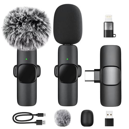 Anluomafuy Micrófono Inalámbrico Solapa para iPhone/Teléfono Móvil Android/PC, 2 Pack Mini Micrófono Profesionales con Reducción de Ruido, Micrófono Lavalier Inalámbrico para Móvil, Vlogs, Clases