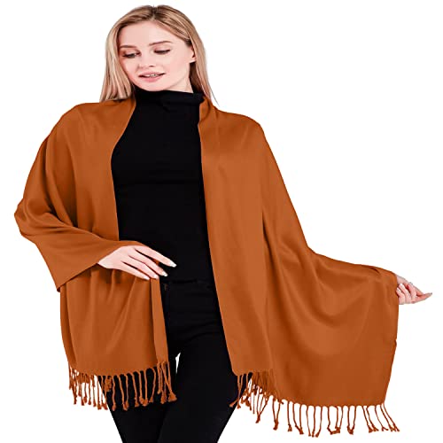 CJ Apparel Burnt Orange Persimmon Orange Solid Color Tassels Design Nepalese Shawl Seconds Scarf Wrap Stole Throw Head Wrap Pashmina Hand Made in Nepal New