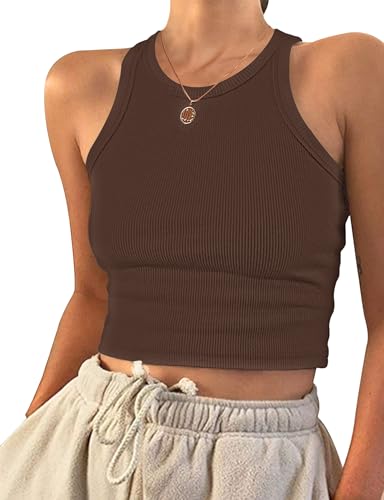 PLOKNRD Damen Ärmellos Racerback Rundhals Tank Top Braun M