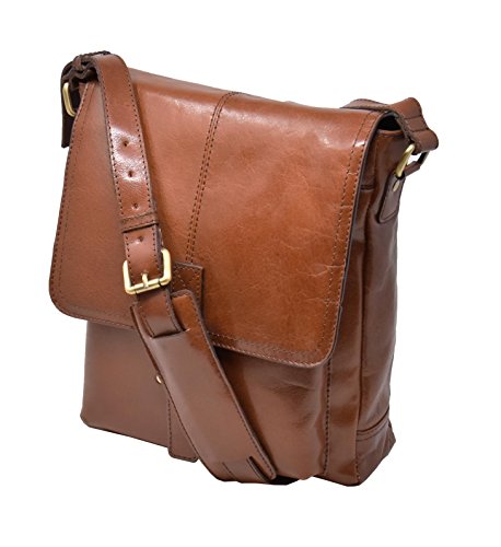Sac bandoulière en cuir véritable homme A224 marron motif échiquier taille M