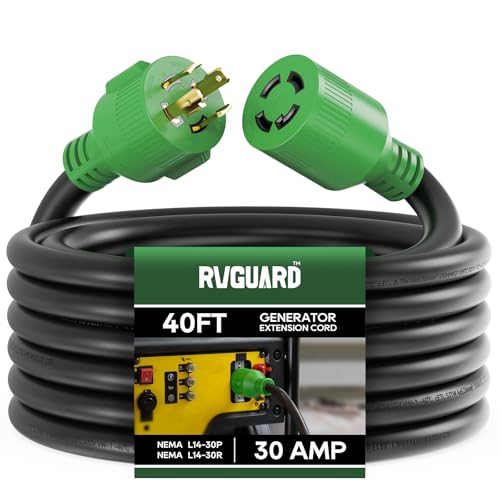 RVGUARD 4 Prong 30 Amp 40 Foot Generator Extension Cord, NEMA L14-30P/L14-30R, 125/250V Up to 7500W 10 Gauge SJTW Cord with Organizer, ETL Listed