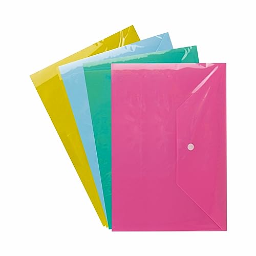 A4 Plastic Wallet Document Folders with Button Popper Wallets Presentation Paper Carry Folder for Organizing and Storage School Office Stationery Home Supplies Assorted Color 23.5cm X 33.5cm (4Pcs)