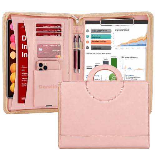 Darolin Vegan Leather Padfolio Portfolio with Handle, Zipper -Rosegold