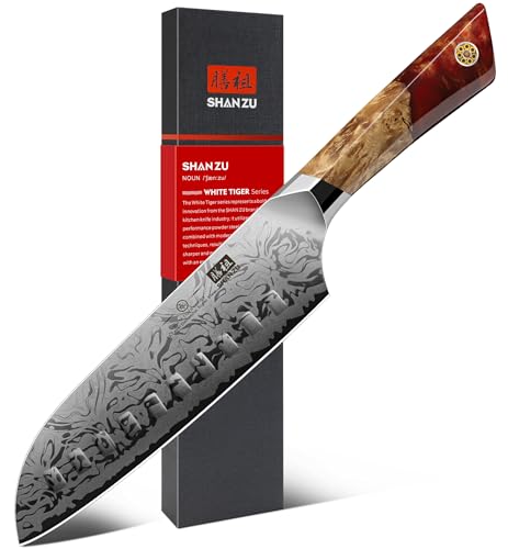 SHAN ZU Damascus Santoku Knife, Japanese Kitchen Knife Made of SG2 Powder Steel, Hand Forged 91 Layers of Damascus Steel Knife, 18CM Professional Chef Knife with Maple Handle - White Tiger Series