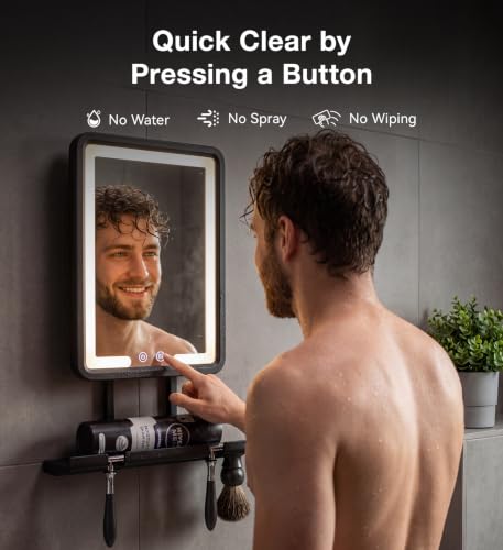 Shower Mirror Fogless for Shaving with Light - Heated Anti Fog Bathroom Mirror Razor Holder Recharegable 5000mAh Battery 3 Colors Dimmable Adhesive Wall Mount Shower Accessories Gift for Men(Black) — view 2