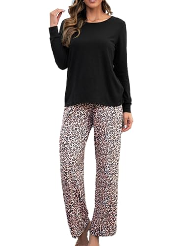 Bunanphy Pigiama da donna a maniche lunghe, 2 pezzi, top e pantaloni lunghi, biancheria da notte morbida, A-nero Top+leopardo Pant, XXL
