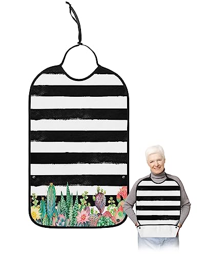 LEOKOTI Summer Tropical Cactus Adult Bibs for Eating, Waterproof Bibs with Food Catcher & Adjustable Snap Closure, Black White Striped Washable Clothing Protectors Adult Bibs for Elderly Women/Men