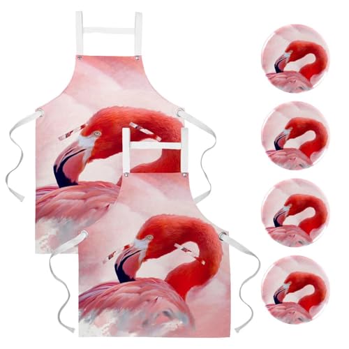 Lot de 2 tabliers de cuisine avec broches imprimé flamant rose
