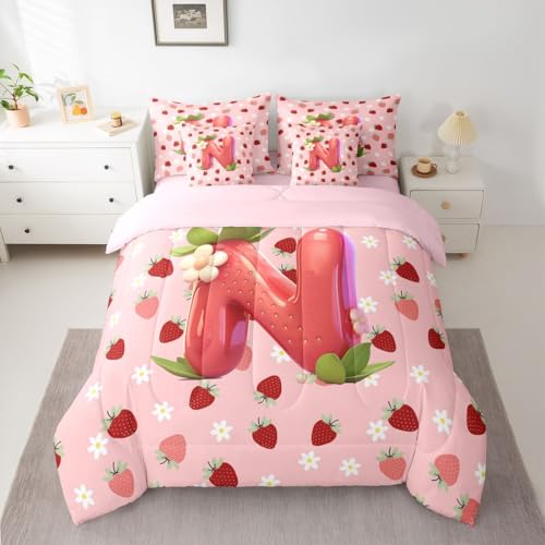Image of Feelyou Girls Cute Strawberry Queen Comforter Set with Sheets for Kids Boys Girls Pink Strawberry 7 Pieces Bedding Set Initial Letter N Bed in a Bag Room Decor Soft Lightweight Microfiber