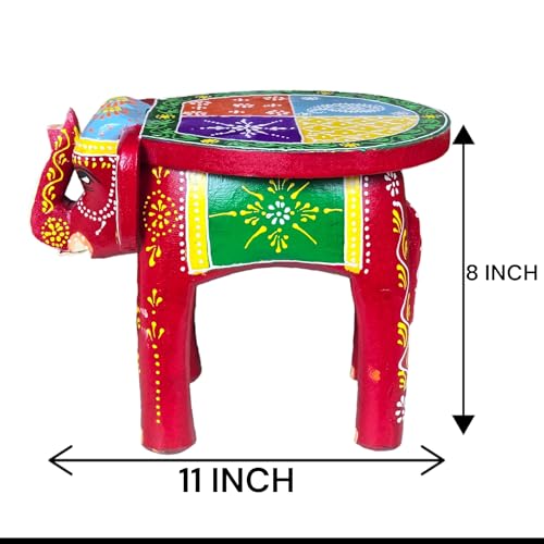 Image of Hand-Crafted and Emboss Colorful Painted Wooden Elephant Shape Round Stool for Home /Office /Living or Bedroom Decor,Decorative Showpiece (8 Inches Height, Red)