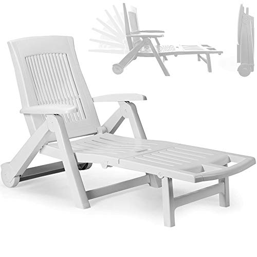 Multistore 2002 - Tumbona plegable con ruedas para tomar el sol y relajarse en el jardín, asiento con respaldo de 5 posiciones, mueble de balcón y terraza, plástico, color blanco