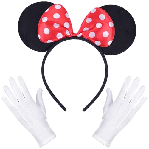 DONGSZQ Conjunto de 2 peças diadema para orelhas rato, com laço vermelho e bolinhas brancas, faixa de rato, diadema para disfarce de orelhas rato, para carnaval, Halloween, festa de aniversário
