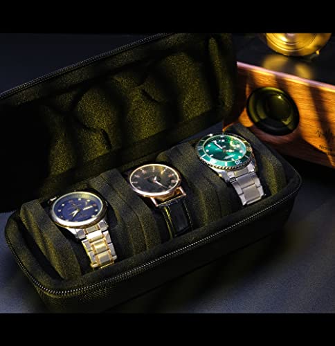 AUKURA 3 Slot Hard Watch Travel Case, Watch Roll Case Storage and Organizer for Men and Women, with anti-move watch pillow (Black fabric 3Slots)
