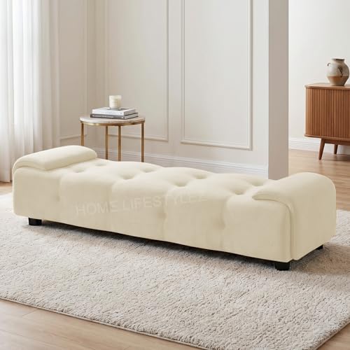 Image of Home Lifestlez Monel 2 Seater Tufted Ottoman Bench | Velvet Upholstered | Seating Bench Window Bench Footrest Stool End of Bed Bench Living Room Furniture | Comfortable & Stylish - Cream