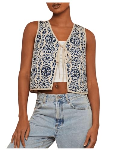 SHENHE Women's Tie Front Tribal Print Boho Vest Sleeveless Vintage Western Vest Outwear