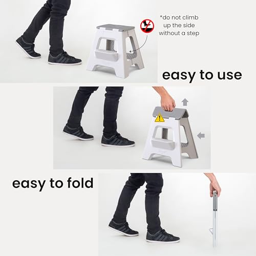 Image of Vigar Compact Folding Step Stool, Gray, 16 Inch 2 Step Foldable | Foldable, Lightweight Portable Design, Carry Handle, Non Slip Surface, Space-Saving Body, Supports up to 330 lb
