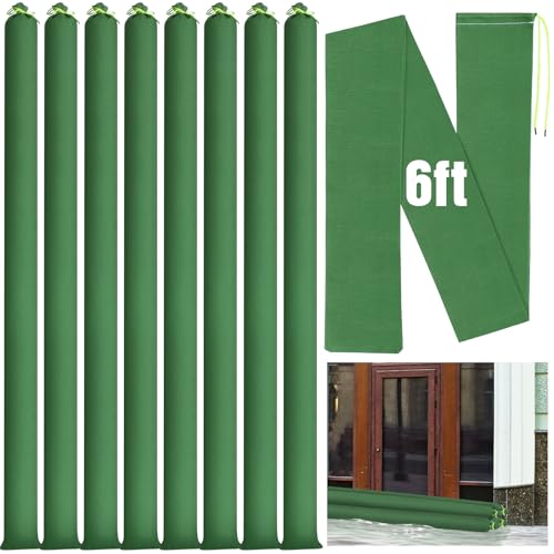 Threan 8 Pcs 6ft Sandbags for Flooding, Flood Prevention Sand Tube Bags Thickened Canvas Reusable Rain Wind Flood Barrier with Elastic Band Water Barrier Tube for Door Garden Rain Control, Green