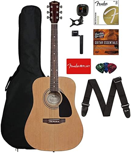 Fender FA-125 Acoustic Guitar - Natural Bundle with Gig Bag, Tuner, Strings, Strap, Picks, Austin Bazaar Instructional DVD, and Polishing Cloth