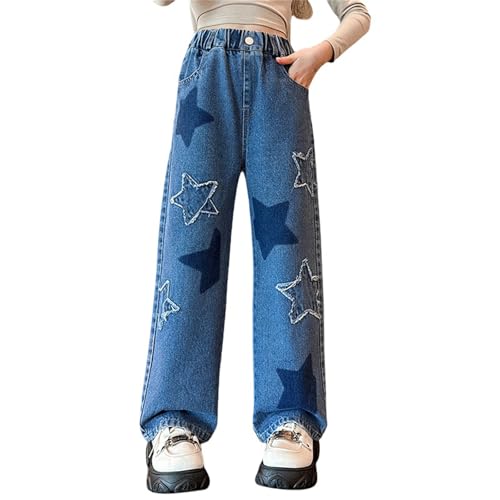 Cute Jeans for Girls Baggy Jeans Elastic Waist Wide Leg Denim Pants Kids Y2K Streetwear Star Print Straight Leg Jeans
