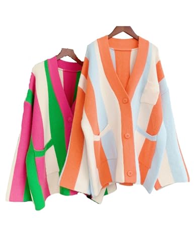 Unilexi Womens Loose Long Sleeve Rainbow Striped Cardigans Sweater Boho Color Block Chunky Knitted Tops2