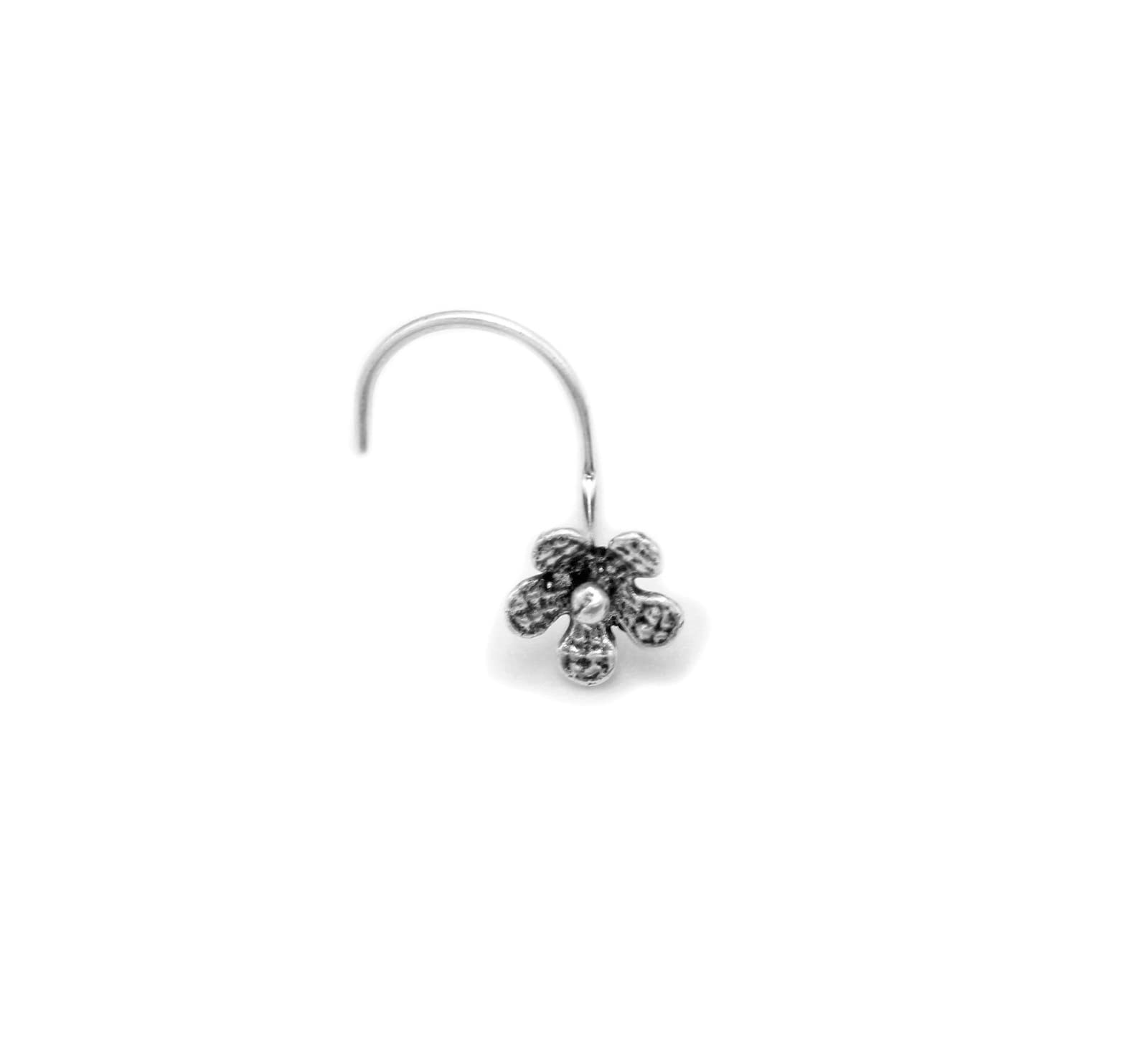 LBV 925 Sterling Silver Oxidized 5 Leaf Flower Design Nose Pin With 925 Stamp For Authenticity And Hook Shape Wire In Behind Nose Pin for Women & Girls