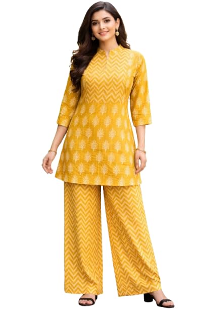 Women's Yellow Ethnic Print Co-ord Set – 3/4 Sleeve Mandarin Collar Tunic with Matching Chevron Wide-Leg Palazzo Pants, 2-Piece Traditional Indo-Western Suit for Office, Festive & Casual Wear-image-12