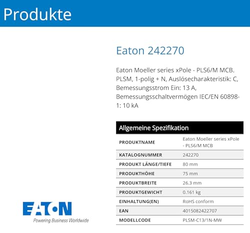 Eaton PLSM-C13/1N-MW Leitungsschutzschalter 13A 1P+N 1-polig+N C-Charakteristik LS-Schalter (242270 alt 244798)